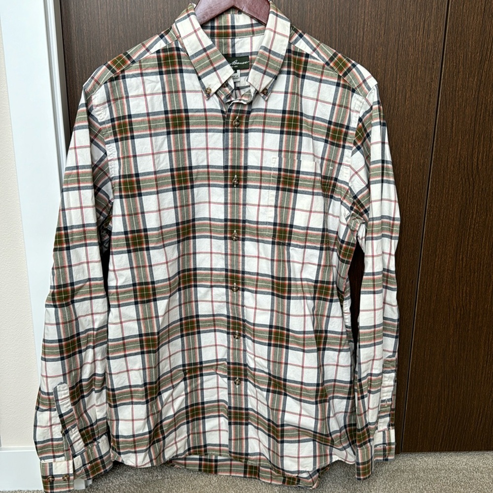 Eddie Bauer men’s button down vintage plaid size medium. Ivory/green/orange/navy